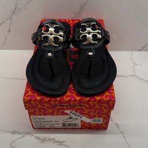 Tory Burch Miller Black Leather Sandals with Metal Bronze Accents